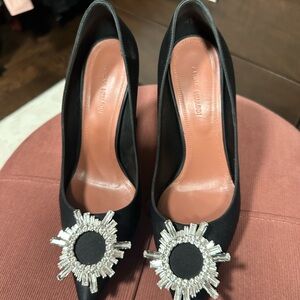 Amina Muaddi Black Heels with Crystal Detail